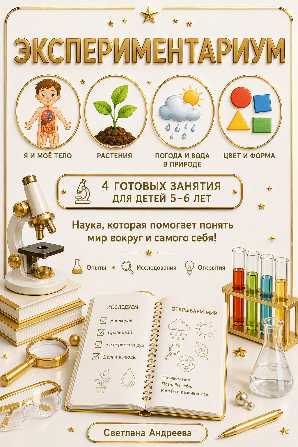 ЭКСПЕРИМЕНТАРИУМ Я И МОЁ ТЕЛО • РАСТЕНИЯ • ПОГОДА И ВОДА В ПРИРОДЕ • ЦВЕТ И ФОРМА Светлана Андреева 🔬 4 готовых занятия для детей 5–6 лет Наука, которая помогает понять мир вокруг и самого себя! Опыты • Исследования • Открытия