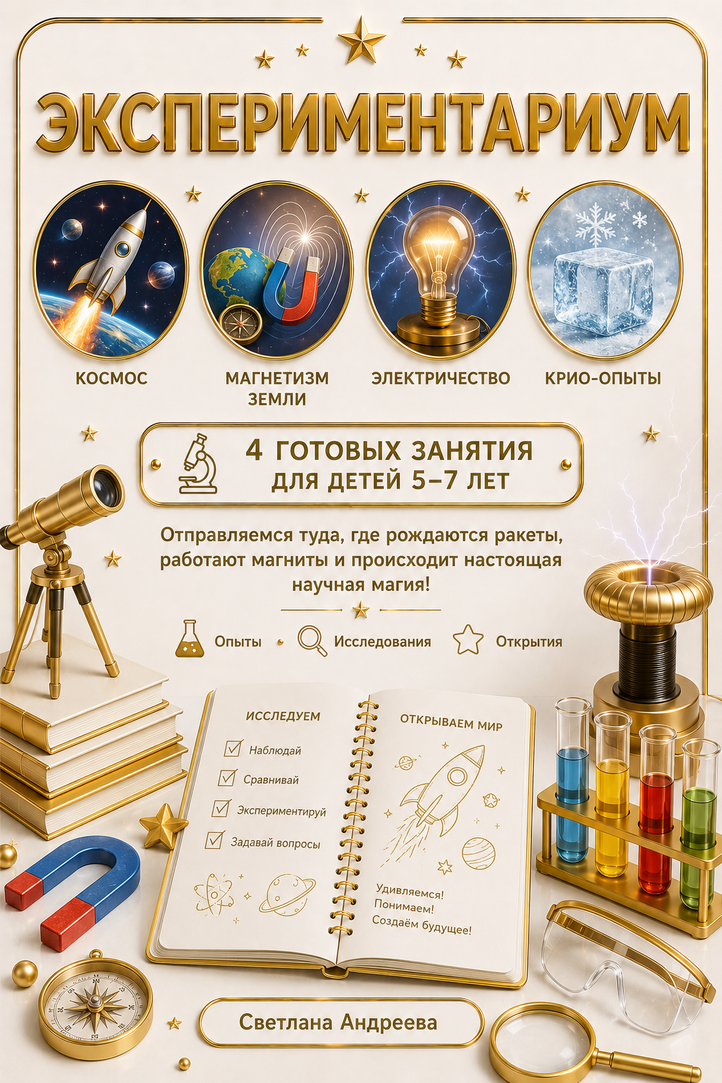 ЭКСПЕРИМЕНТАРИУМ КОСМОС • МАГНЕТИЗМ ЗЕМЛИ • ЭЛЕКТРИЧЕСТВО • КРИО-ОПЫТЫ Светлана Андреева 🔬 4 готовых занятия для детей 5–7 лет Отправляемся туда, где рождаются ракеты, работают магниты и происходит настоящая научная магия!