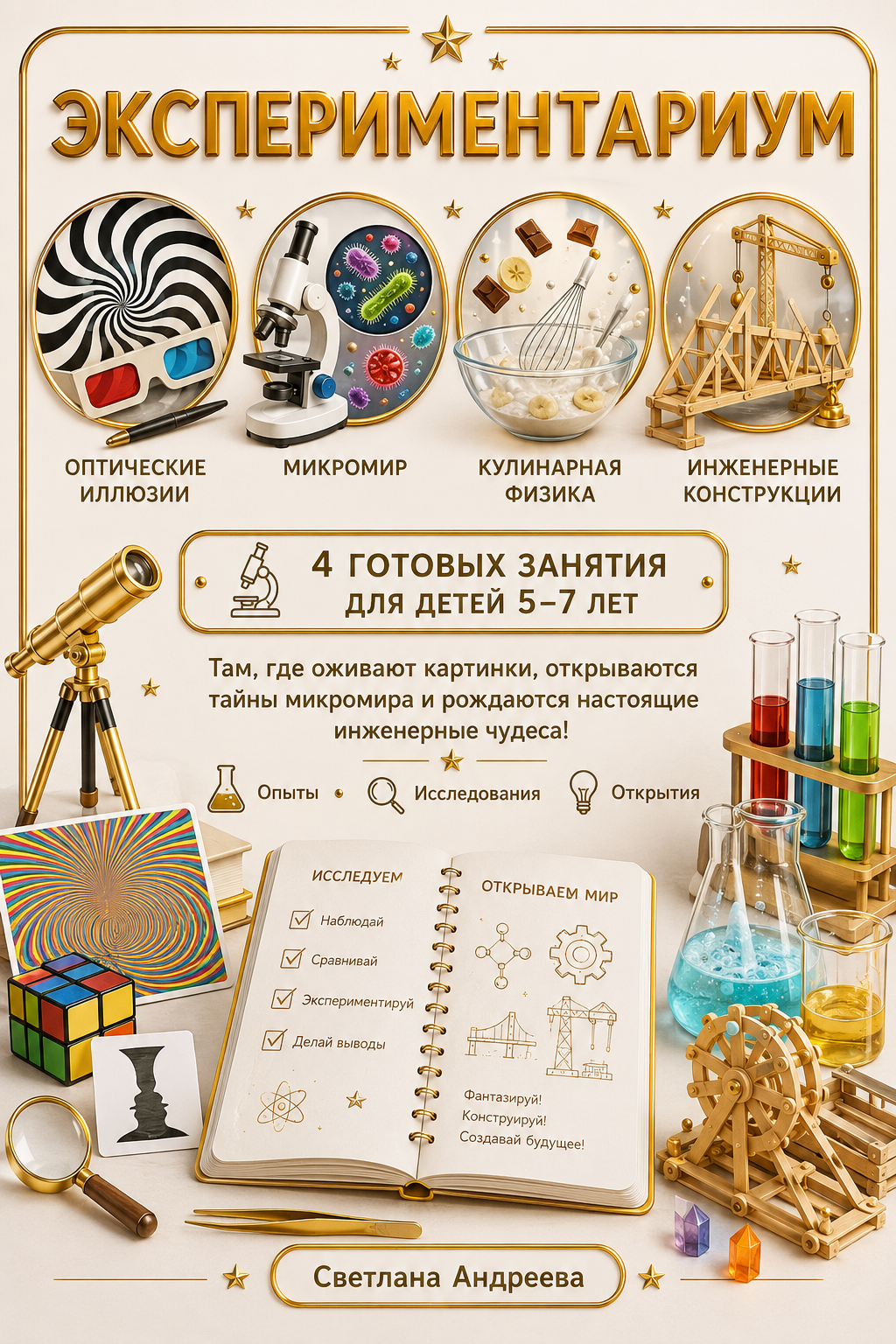 ЭКСПЕРИМЕНТАРИУМ ОПТИЧЕСКИЕ ИЛЛЮЗИИ • МИКРОМИР • КУЛИНАРНАЯ ФИЗИКА • ИНЖЕНЕРНЫЕ КОНСТРУКЦИИ Светлана Андреева 🔬 4 готовых занятия для детей 5–7 лет Там, где оживают картинки, открываются тайны микромира и рождаются настоящие инженерные чудеса!